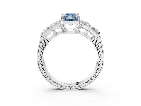 White gold Fancy Blue Radiant Cut Solitaire Princess Side Stone Engraved Band Prong Setting Ring_3