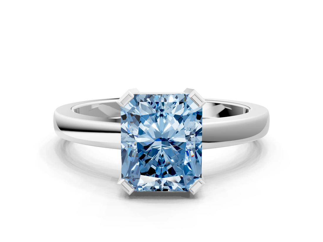 White gold Fancy Blue Radiant  Cut Solitaire Ring with Four-Prong Setting and Classic Band_59