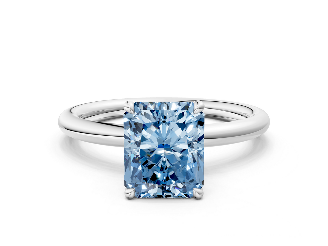 White gold Fancy Blue Radiant  Cut Solitaire Ring with Thin Band and Four-Prong Setting_16
