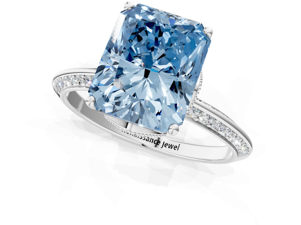 White Gold Radiant Cut Graduated Pave Engagement Ring Setting for Fancy Blue Center