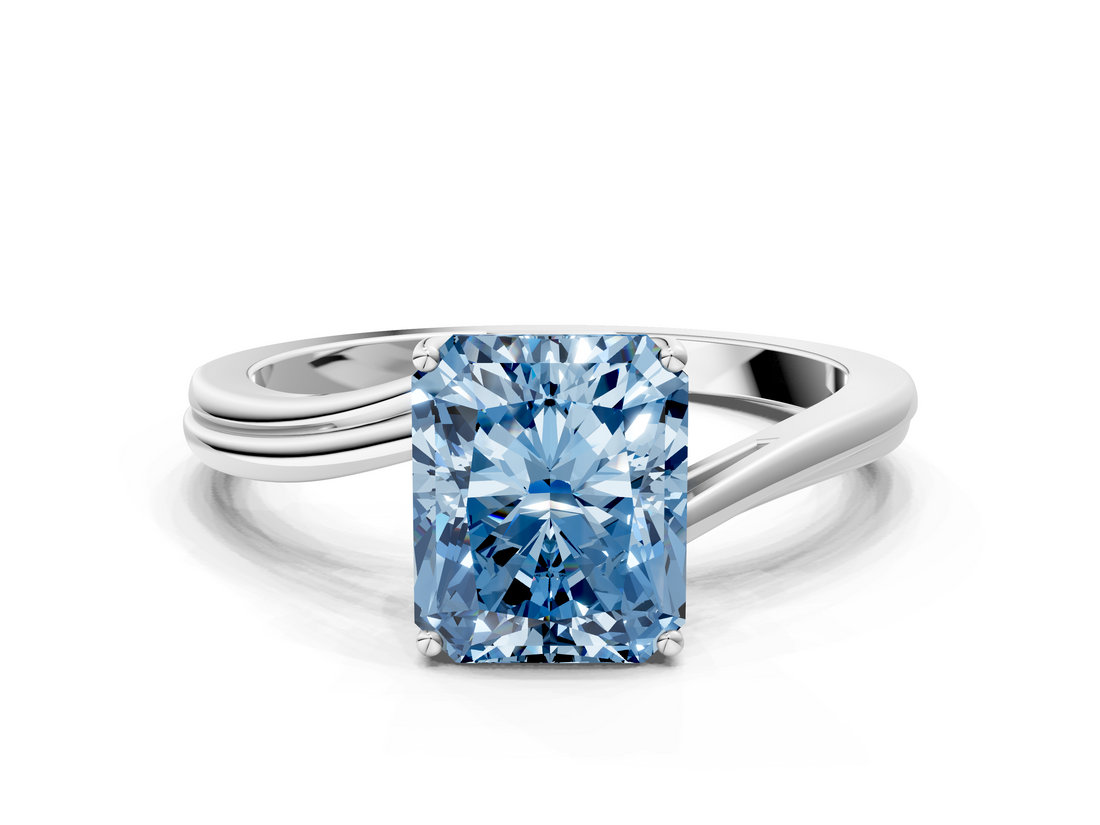 White gold Fancy Blue Radiant  Cut Solitaire Twist Band Ring with Four-Prong Setting_20