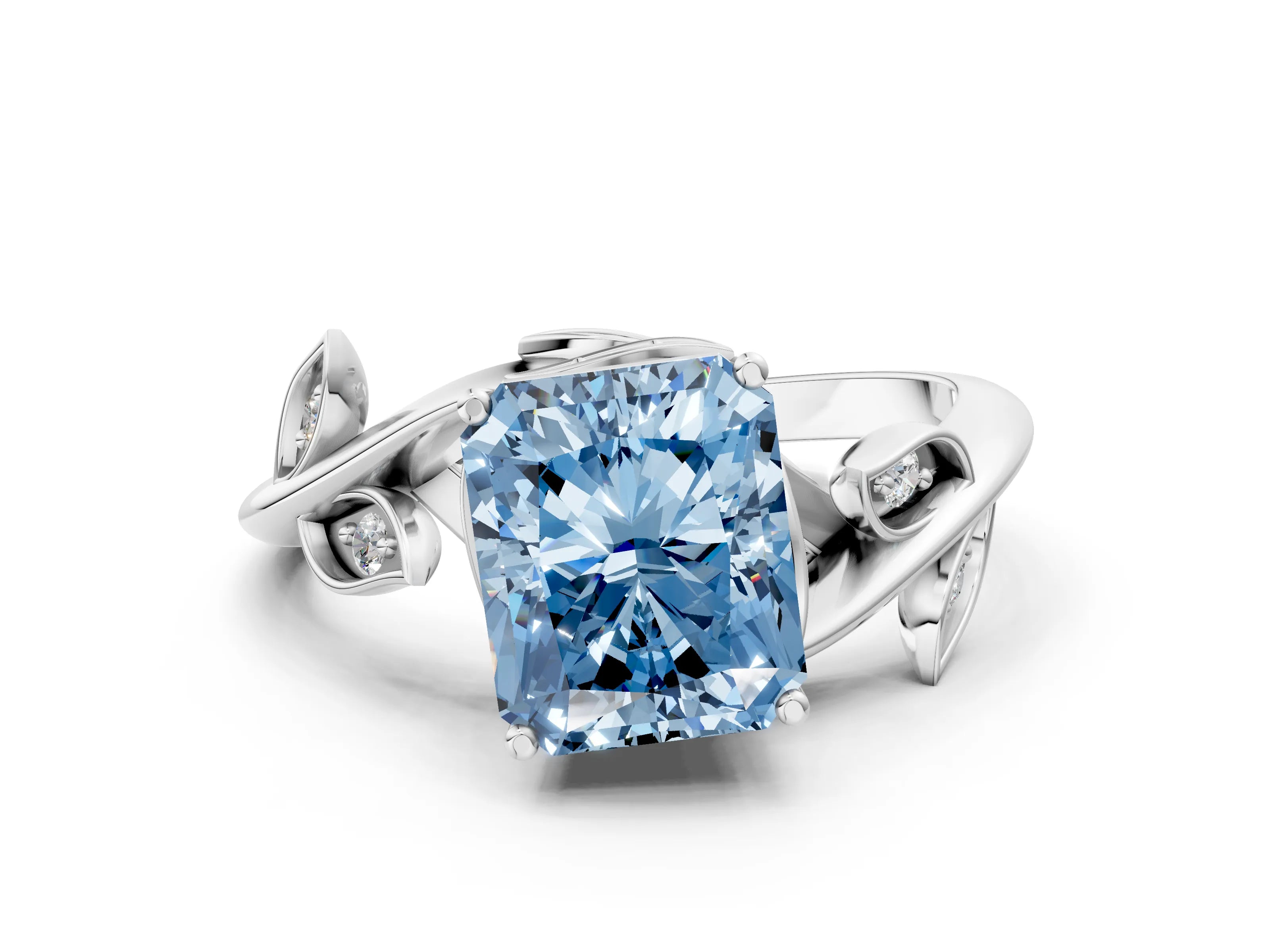 White gold Fancy Blue Radiant Cut Solitaire Twist Engagement Ring with Leaf Accents and Prong Setting_12