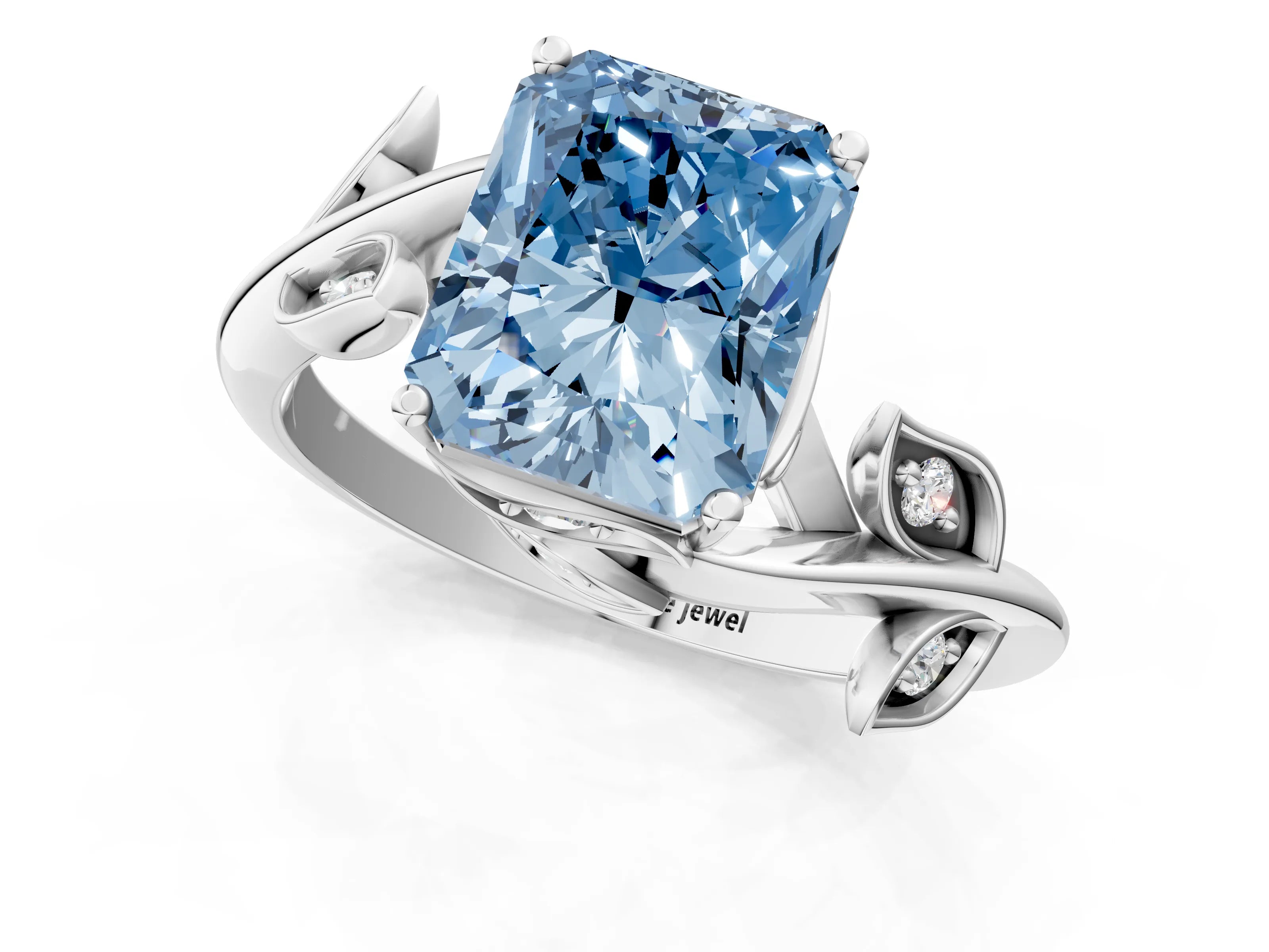 White gold Fancy Blue Radiant Cut Solitaire Twist Engagement Ring with Leaf Accents and Prong Setting_13