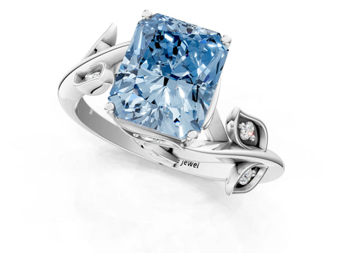 White gold Fancy Blue Radiant Cut Solitaire Twist Engagement Ring with Leaf Accents and Prong Setting_13
