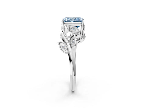 White gold Fancy Blue Radiant Cut Solitaire Twist Engagement Ring with Leaf Accents and Prong Setting_14
