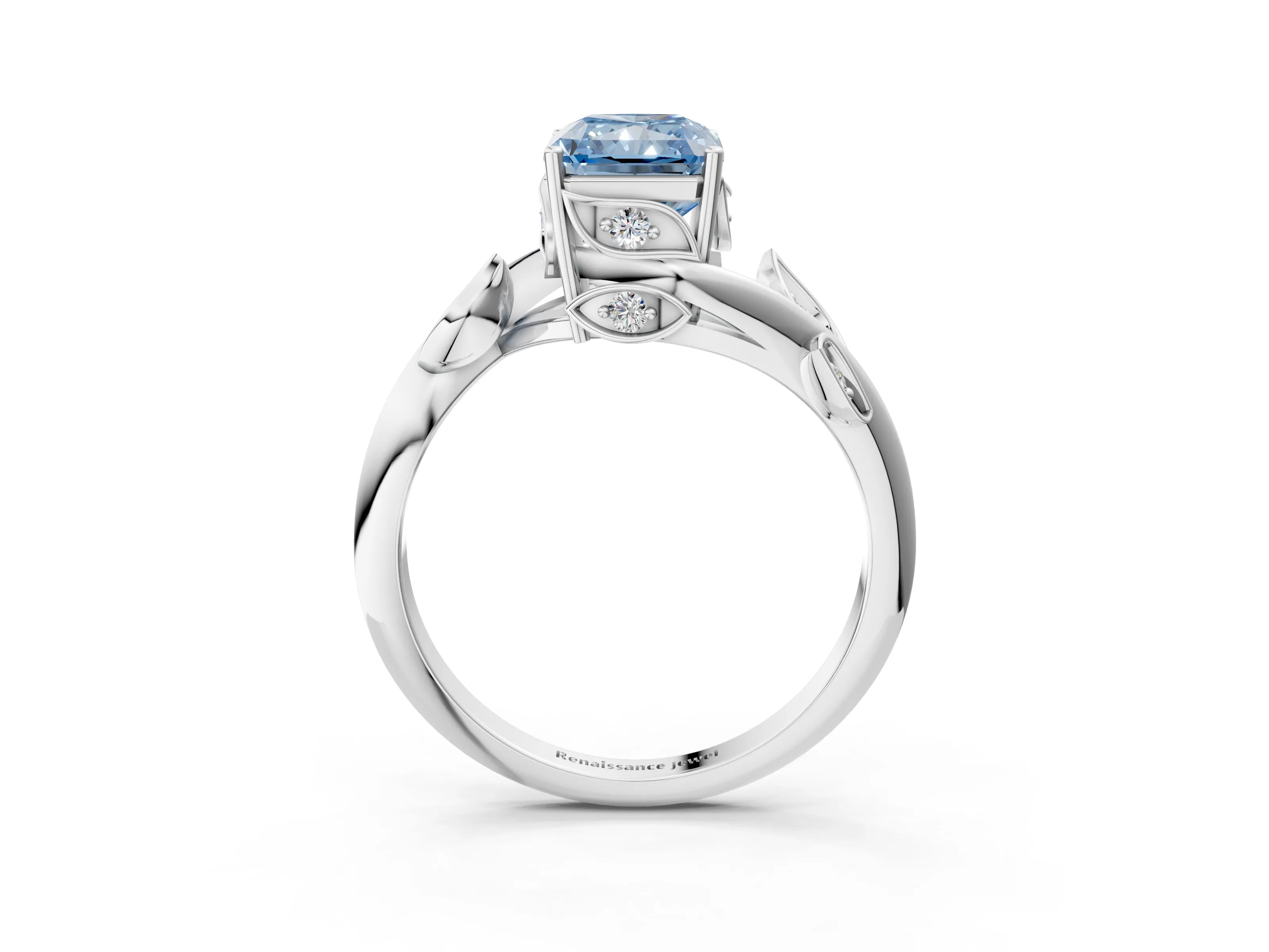 White gold Fancy Blue Radiant Cut Solitaire Twist Engagement Ring with Leaf Accents and Prong Setting_15