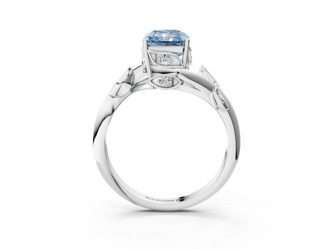 White gold Fancy Blue Radiant Cut Solitaire Twist Engagement Ring with Leaf Accents and Prong Setting_15