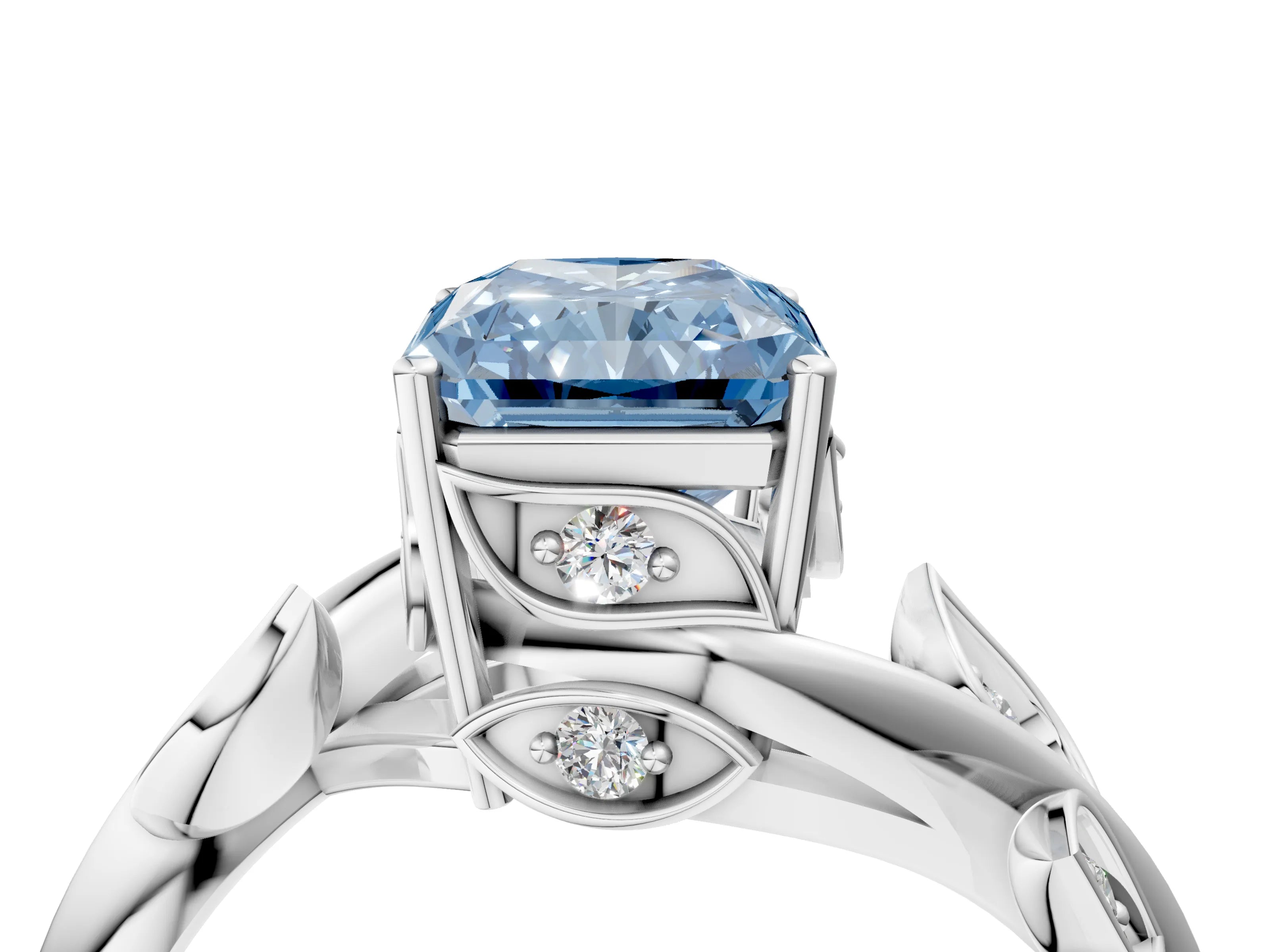 White gold Fancy Blue Radiant Cut Solitaire Twist Engagement Ring with Leaf Accents and Prong Setting_16