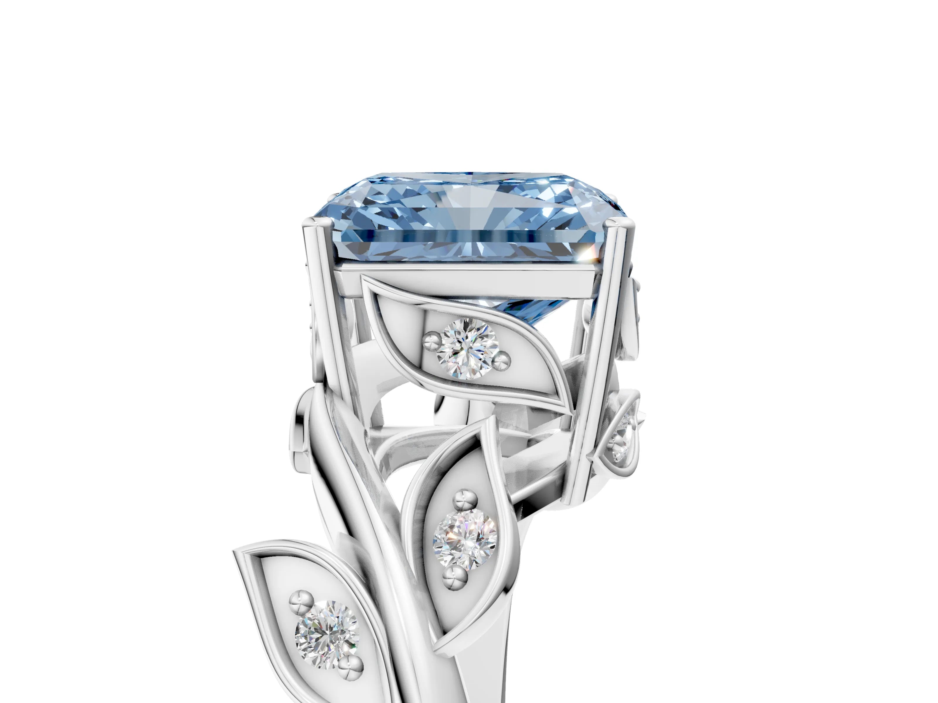 White gold Fancy Blue Radiant Cut Solitaire Twist Engagement Ring with Leaf Accents and Prong Setting_17