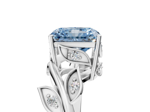 White gold Fancy Blue Radiant Cut Solitaire Twist Engagement Ring with Leaf Accents and Prong Setting_17