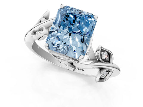 White gold Fancy Blue Radiant Cut Solitaire Twist Engagement Ring with Leaf Accents and Prong Setting_1