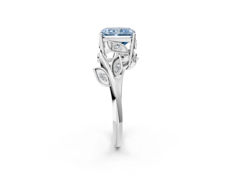 White gold Fancy Blue Radiant Cut Solitaire Twist Engagement Ring with Leaf Accents and Prong Setting_2