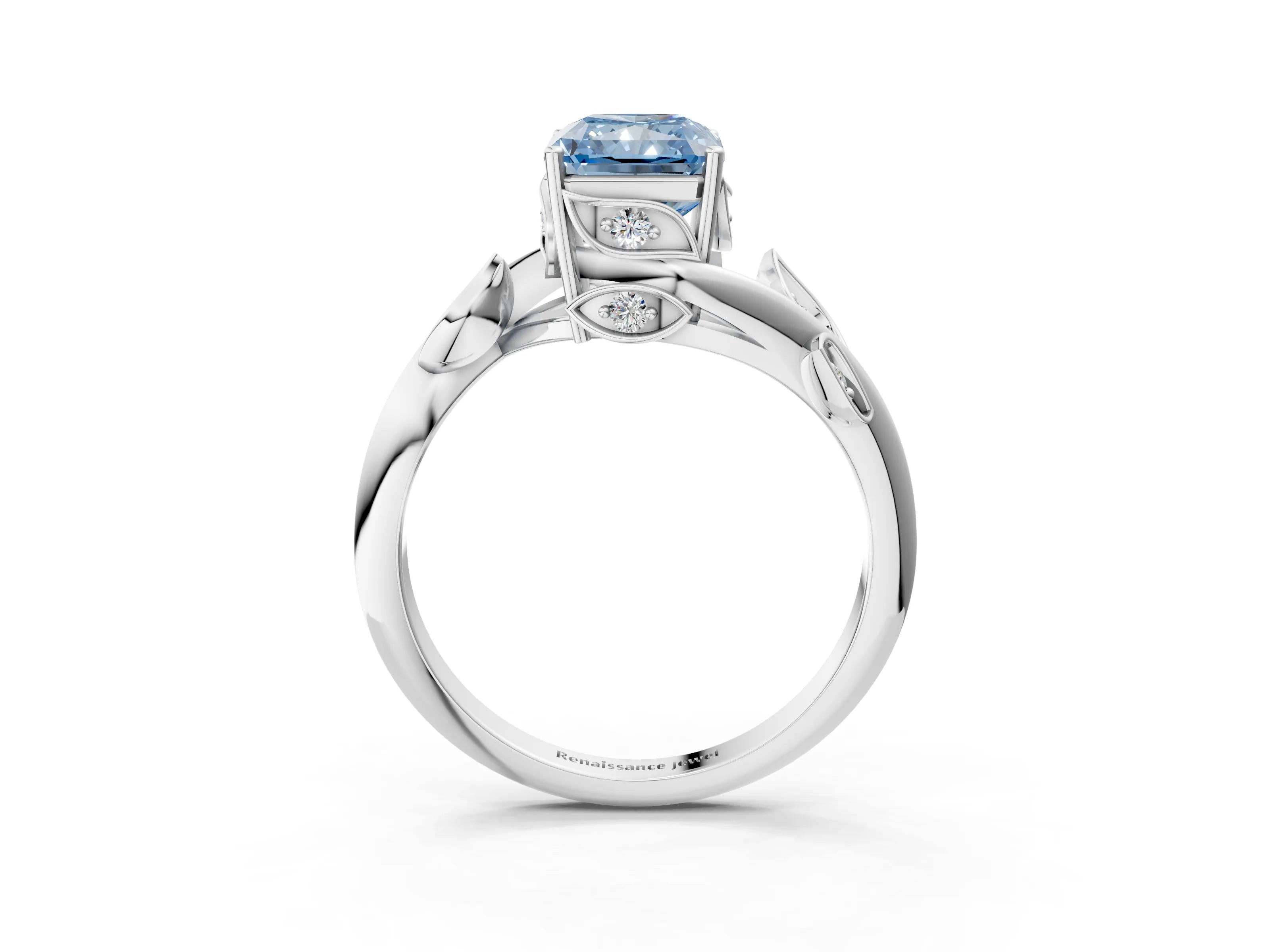 White gold Fancy Blue Radiant Cut Solitaire Twist Engagement Ring with Leaf Accents and Prong Setting_3