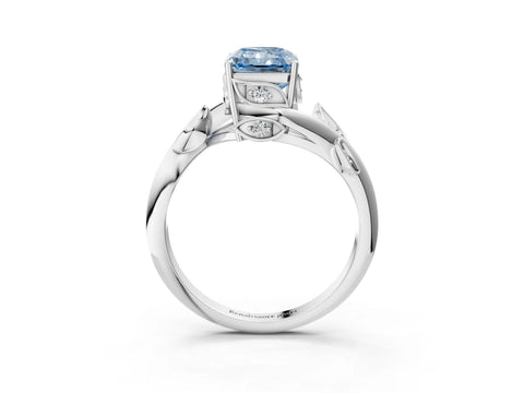 White gold Fancy Blue Radiant Cut Solitaire Twist Engagement Ring with Leaf Accents and Prong Setting_3