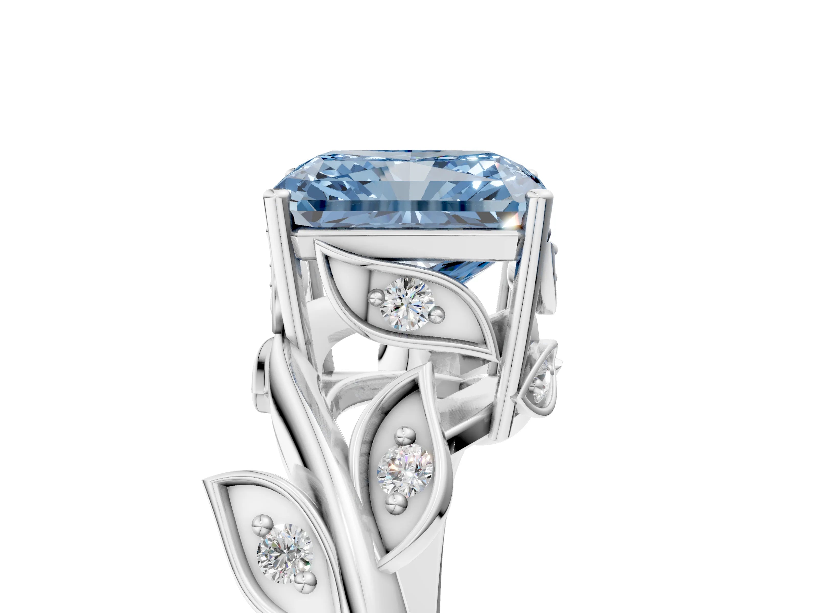 White gold Fancy Blue Radiant Cut Solitaire Twist Engagement Ring with Leaf Accents and Prong Setting_5