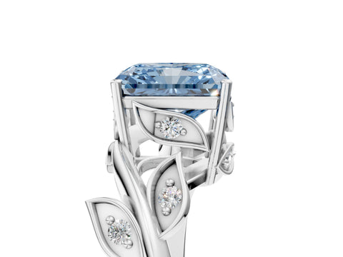 White gold Fancy Blue Radiant Cut Solitaire Twist Engagement Ring with Leaf Accents and Prong Setting_5