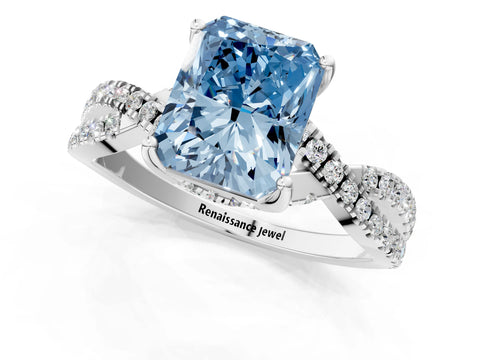 White gold Fancy Blue Radiant Cut Solitaire Twist Pave Diamond Engagement Ring with Prong Setting_13
