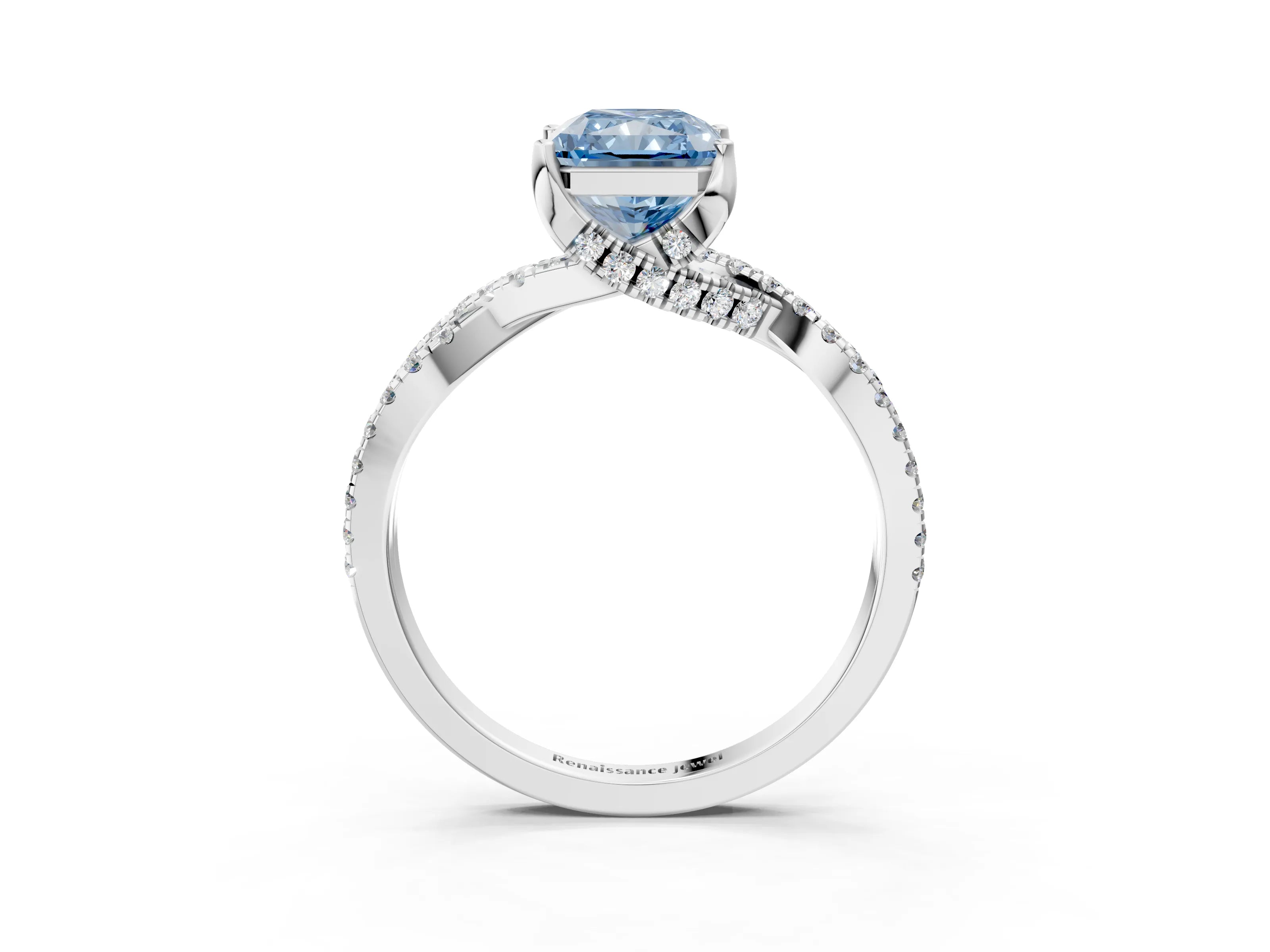 White gold Fancy Blue Radiant Cut Solitaire Twist Pave Diamond Engagement Ring with Prong Setting_3