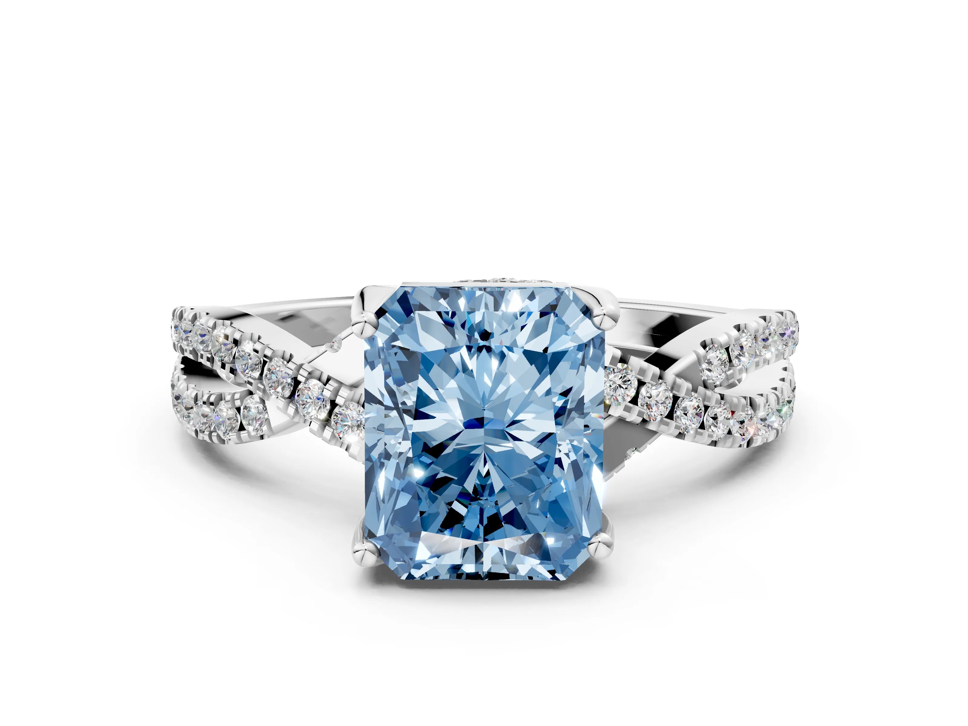White gold Fancy Blue Radiant Cut Solitaire Twist Pave Diamond Engagement Ring with Prong Setting