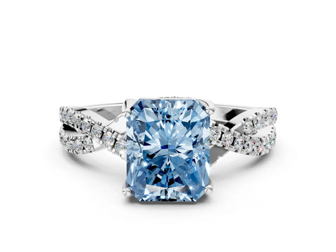White gold Fancy Blue Radiant Cut Solitaire Twist Pave Diamond Engagement Ring with Prong Setting