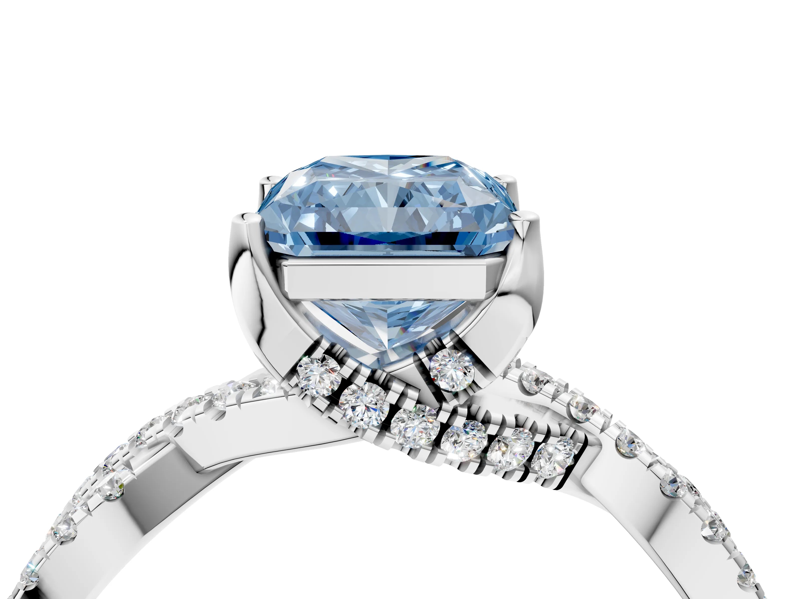 White gold Fancy Blue Radiant Cut Solitaire Twist Pave Diamond Engagement Ring with Prong Setting_4