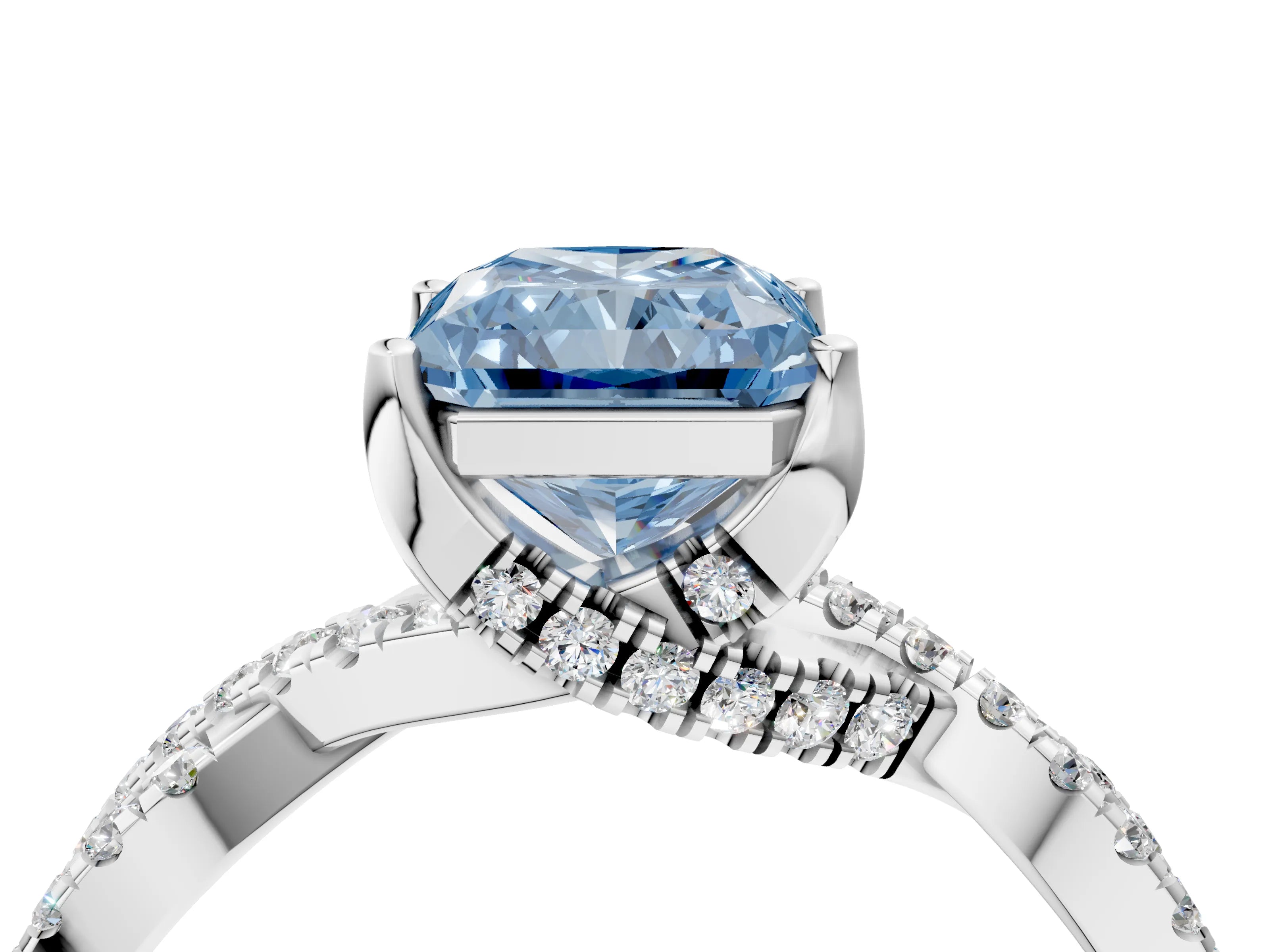 White gold Fancy Blue Radiant Cut Solitaire Twist Pave Diamond Engagement Ring with Prong Setting_4