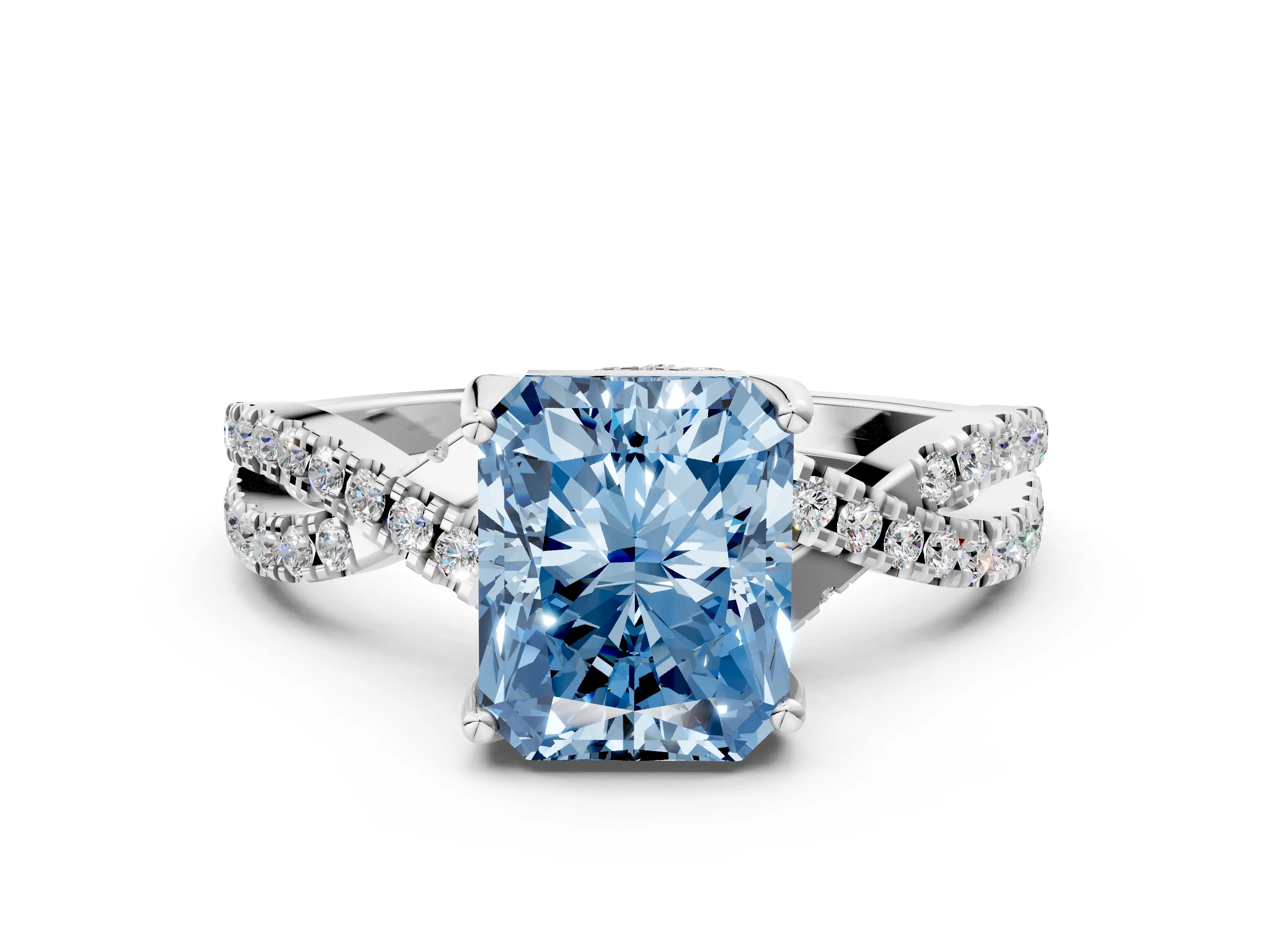White gold Fancy Blue Radiant Cut Solitaire Twist Pave Diamond Engagement Ring with Prong Setting