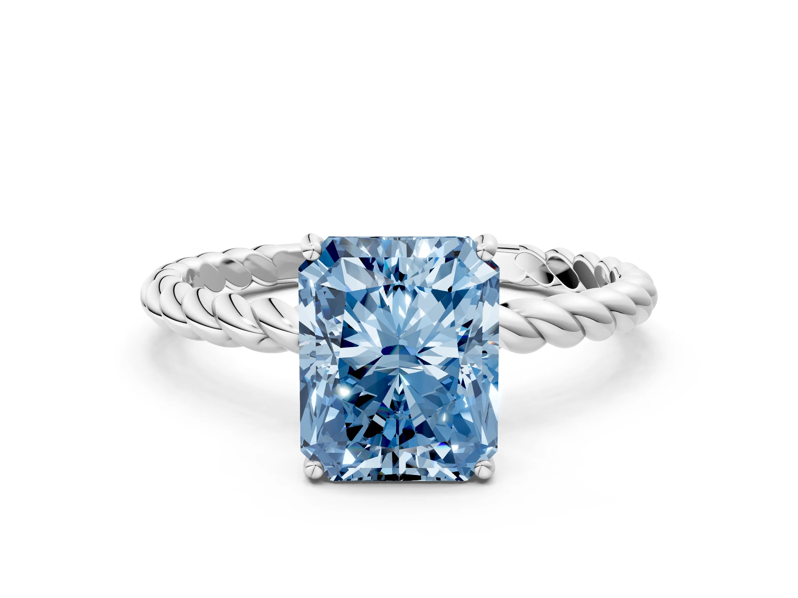 White gold Fancy Blue Radiant Cut Solitaire Twisted Band 4-Prong Ring_12
