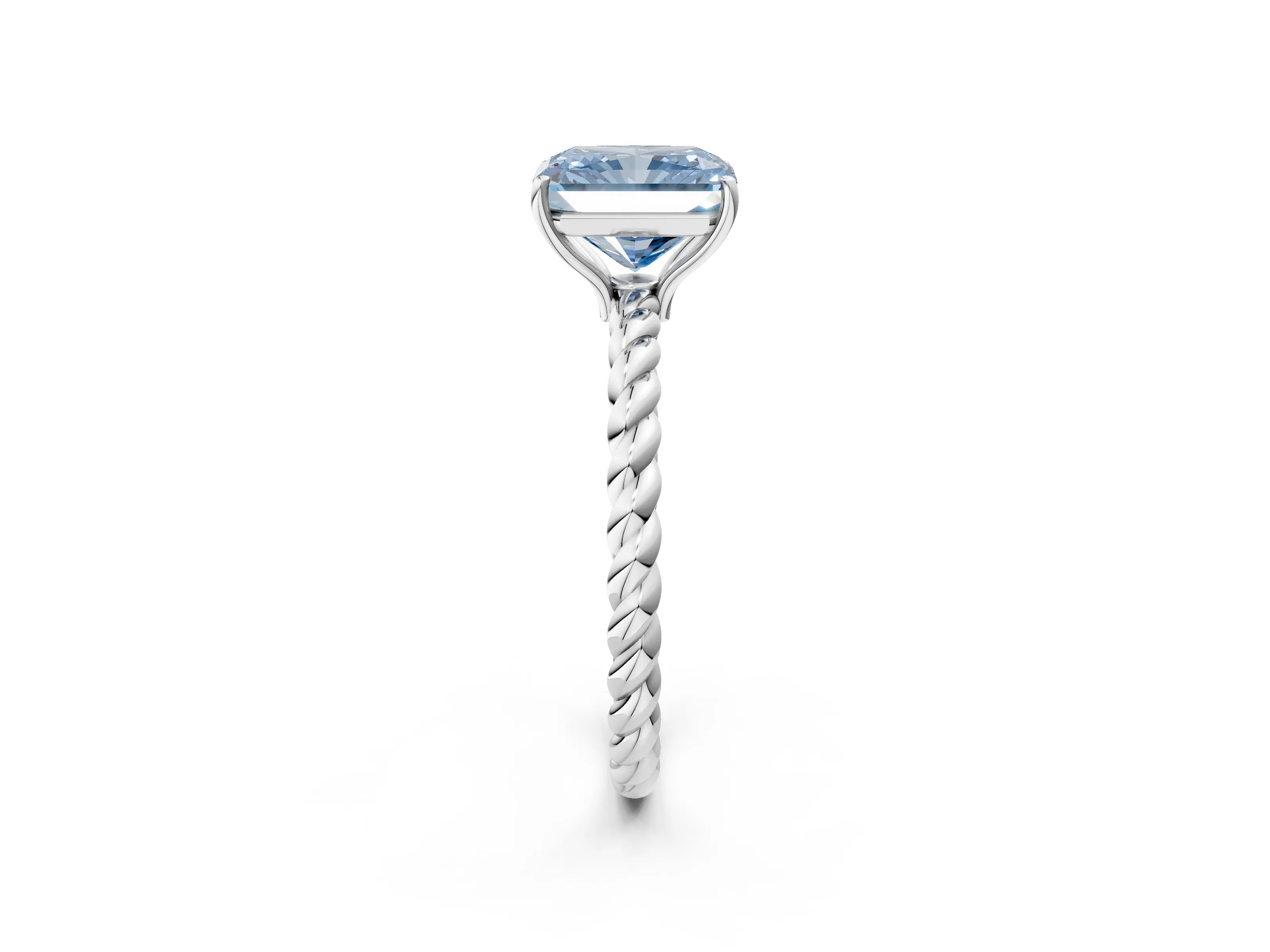 White gold Fancy Blue Radiant Cut Solitaire Twisted Band 4-Prong Ring_56