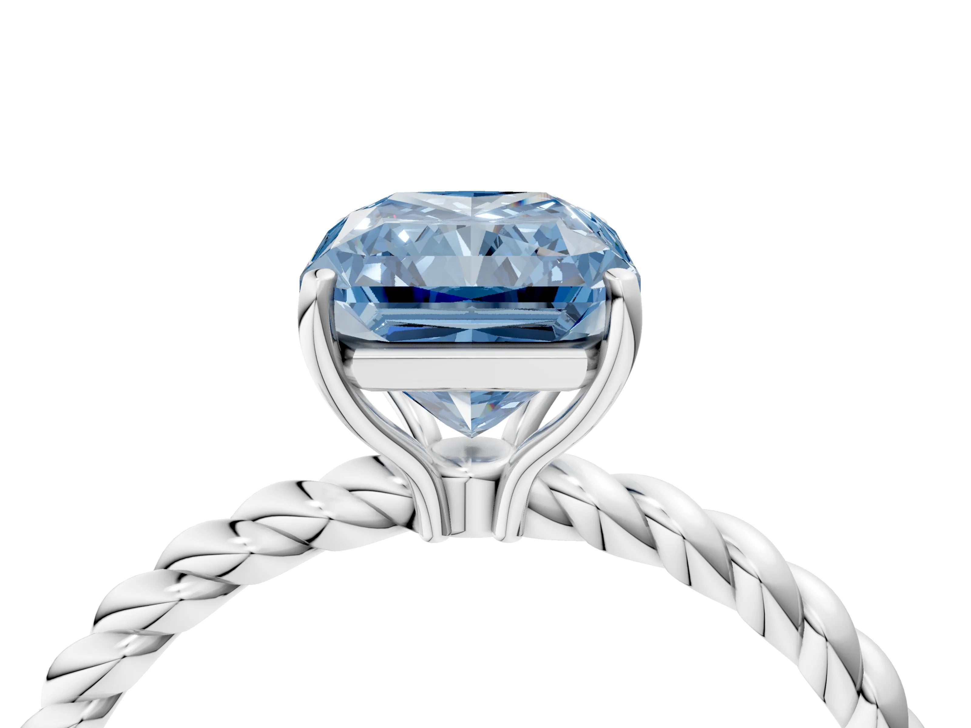 White gold Fancy Blue Radiant Cut Solitaire Twisted Band 4-Prong Ring_58
