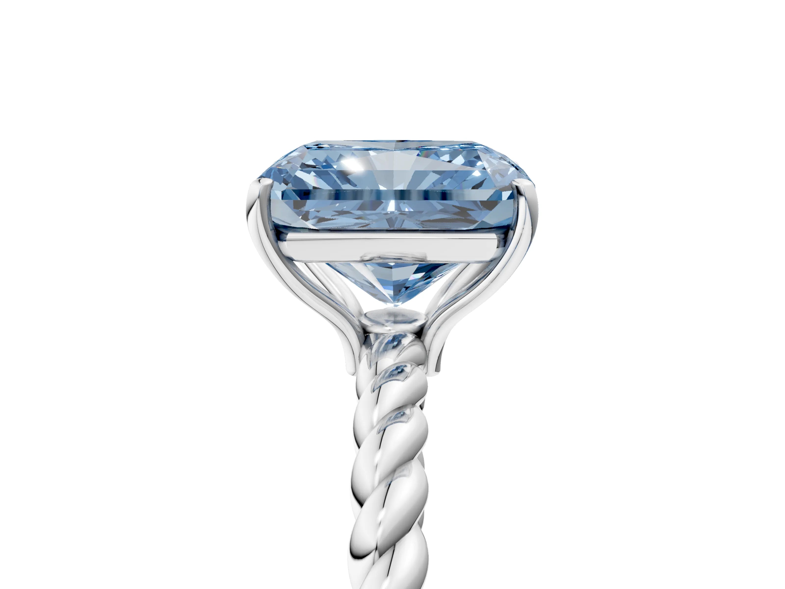 White gold Fancy Blue Radiant Cut Solitaire Twisted Band 4-Prong Ring_59