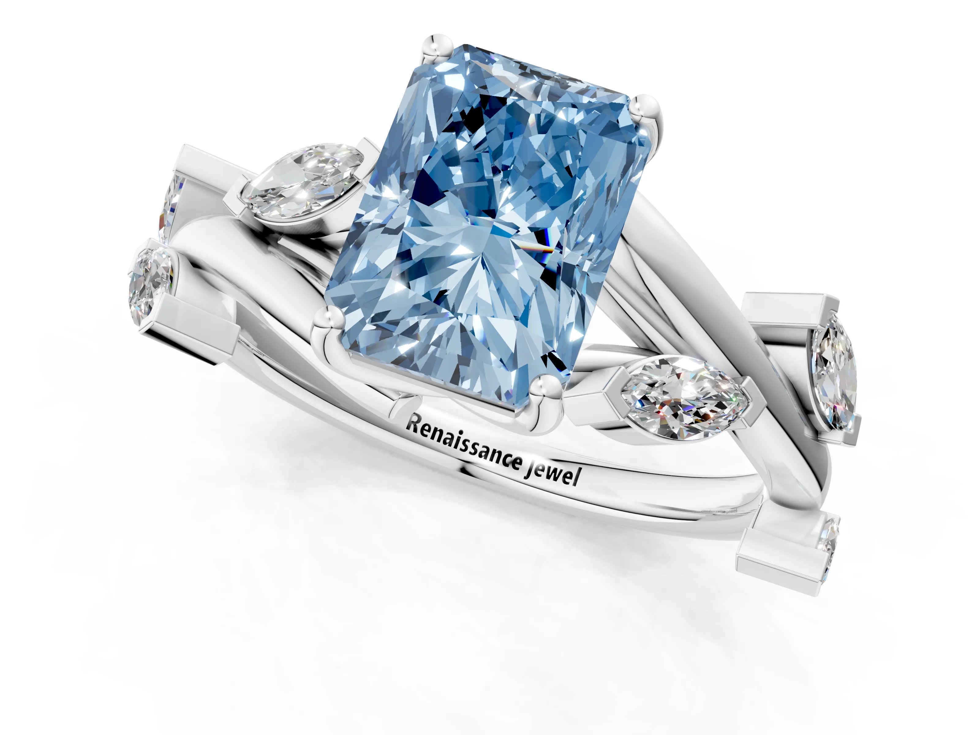 White gold Fancy Blue Radiant Cut Solitaire Twisted Band Marquise Accent Prong Setting Ring_1