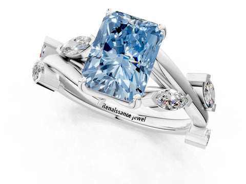 White gold Fancy Blue Radiant Cut Solitaire Twisted Band Marquise Accent Prong Setting Ring_1