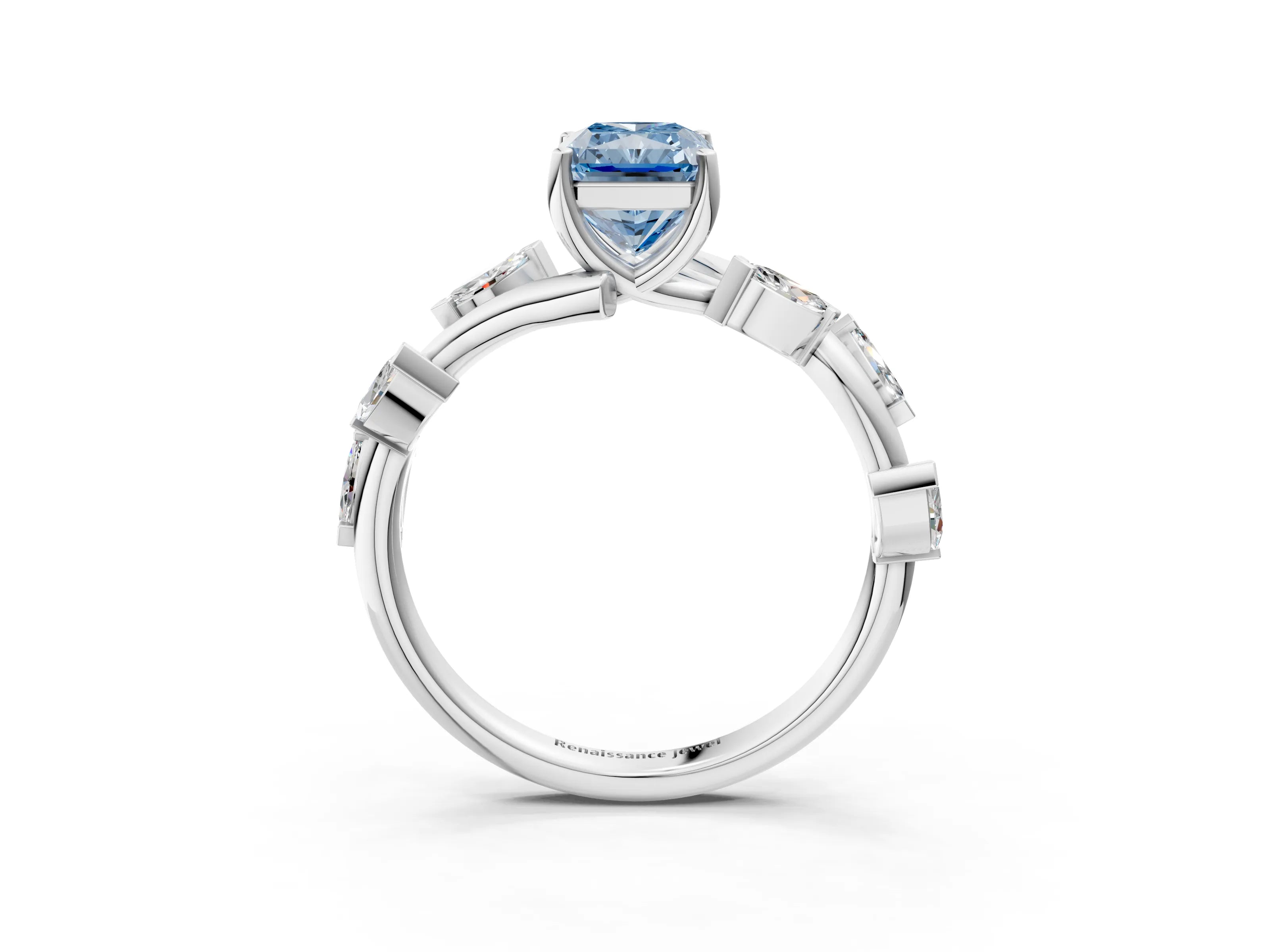 White gold Fancy Blue Radiant Cut Solitaire Twisted Band Marquise Accent Prong Setting Ring_3
