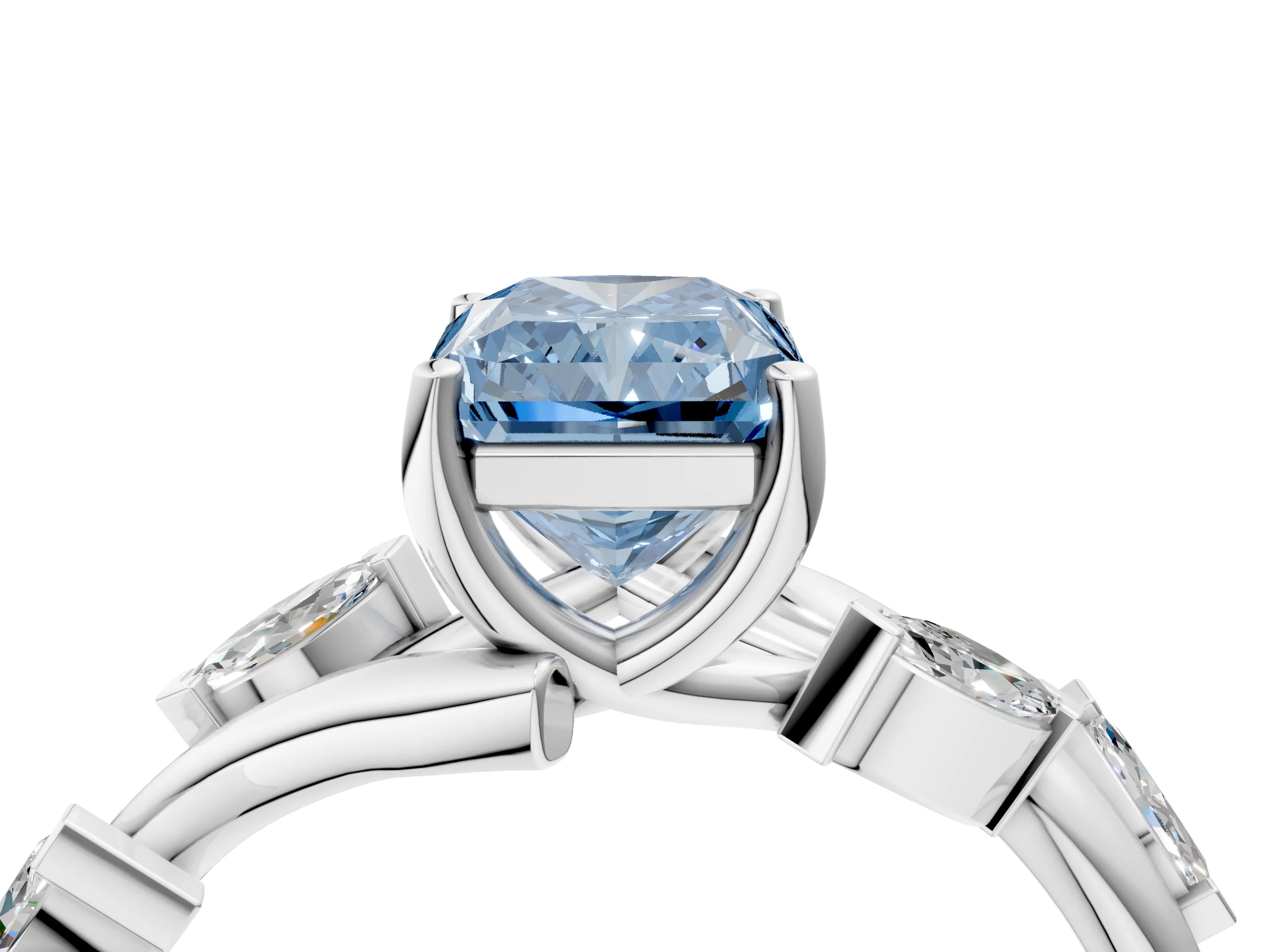 White gold Fancy Blue Radiant Cut Solitaire Twisted Band Marquise Accent Prong Setting Ring_4