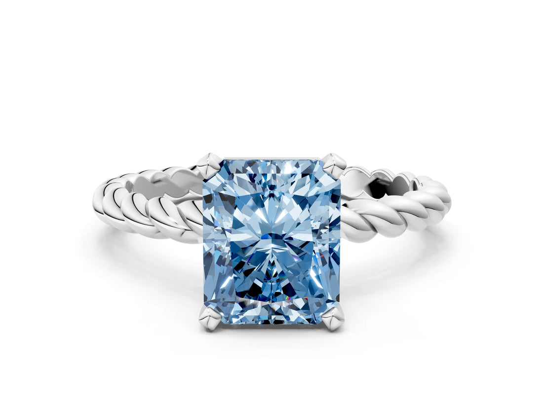 White gold Fancy Blue Radiant  Cut Solitaire Twisted Band with Four-Prong Setting_103