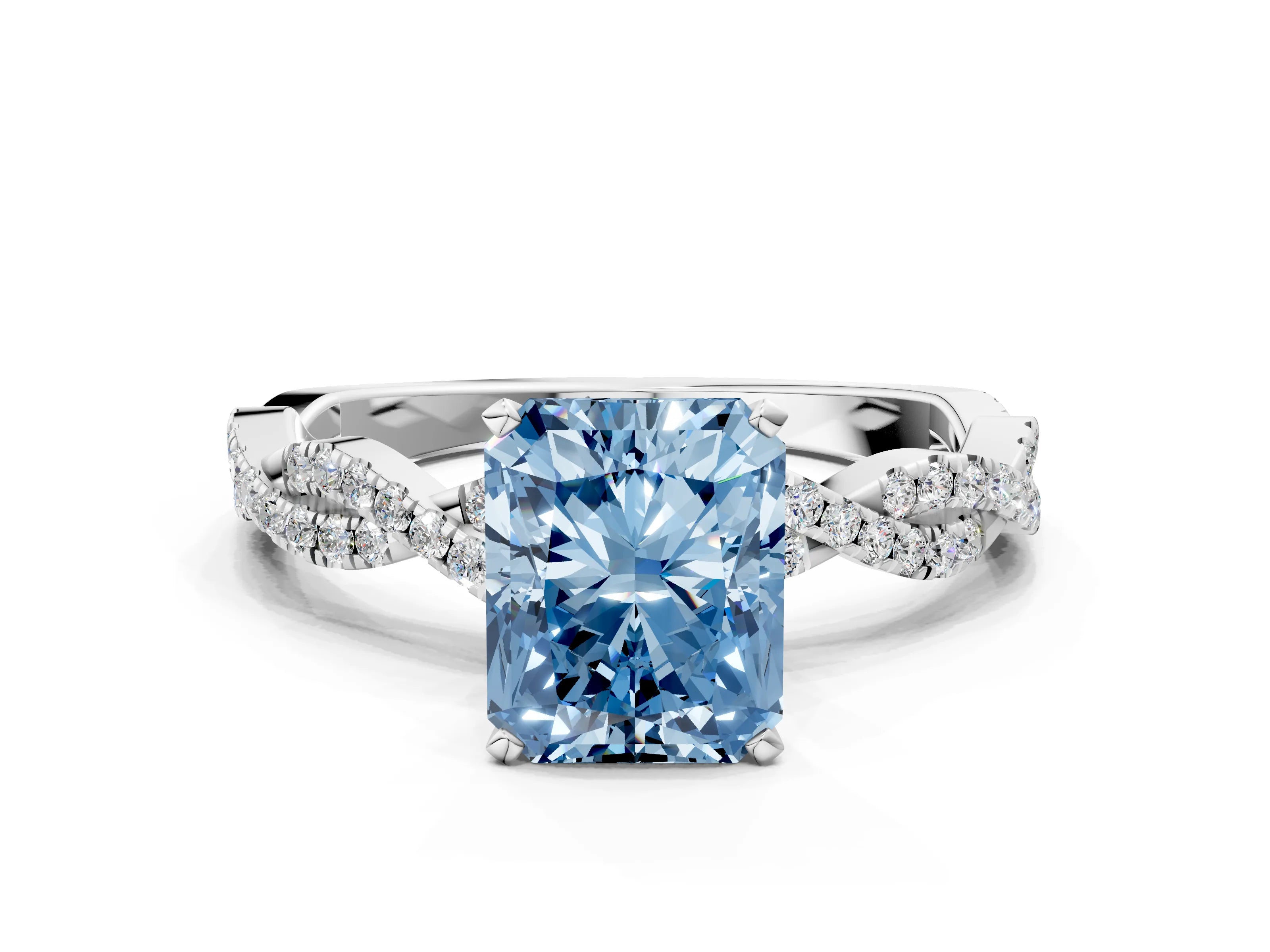 White gold Fancy Blue Radiant Cut Solitaire Twisted Pave Band with Four-Prong Setting_15