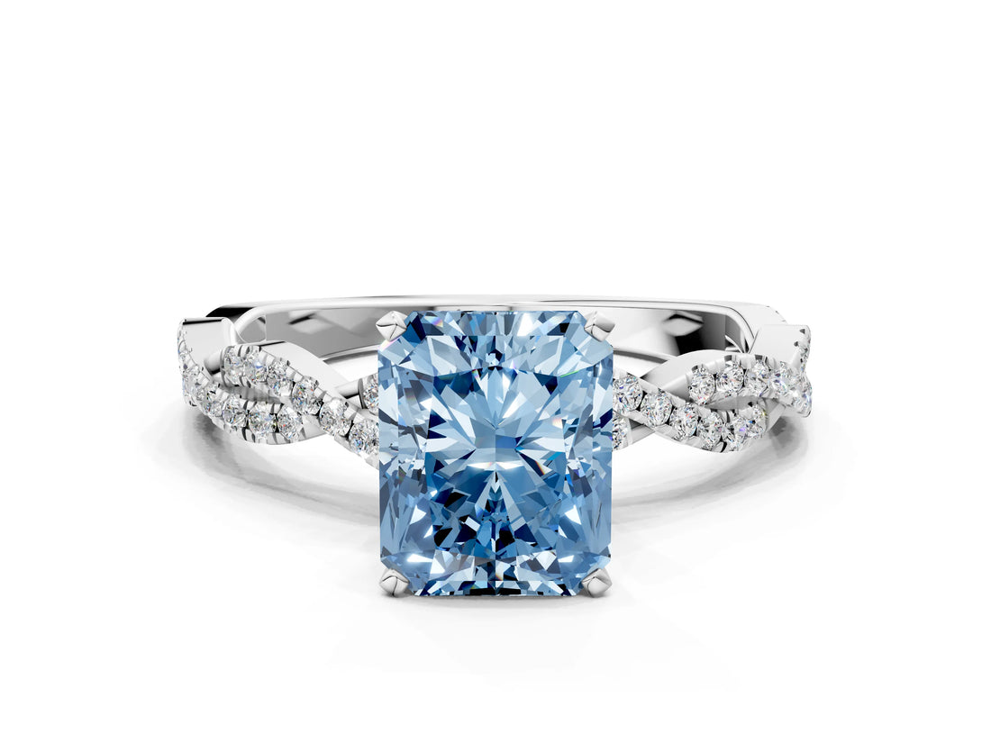 White gold Fancy Blue Radiant Cut Solitaire Twisted Pave Band with Four-Prong Setting_15