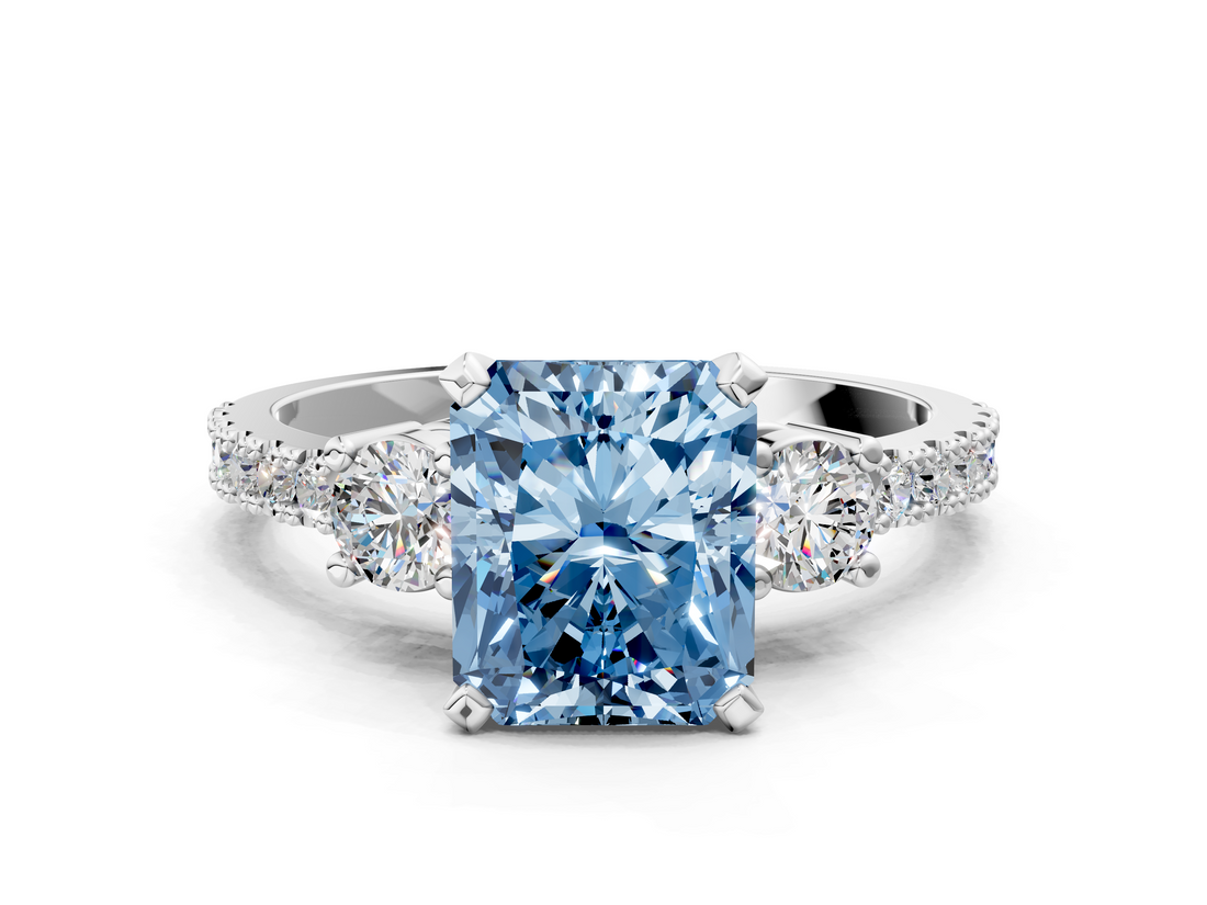 White gold Fancy Blue Radiant  Cut Three-Stone Diamond Pavé Band with Prong Setting_17