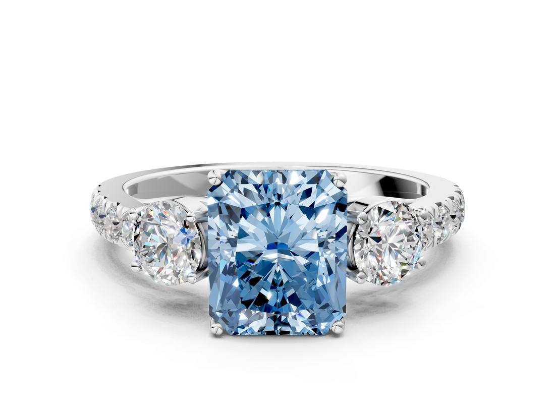 White gold Fancy Blue Radiant  Cut Three-Stone Diamond Pave Band with Prong Setting_37