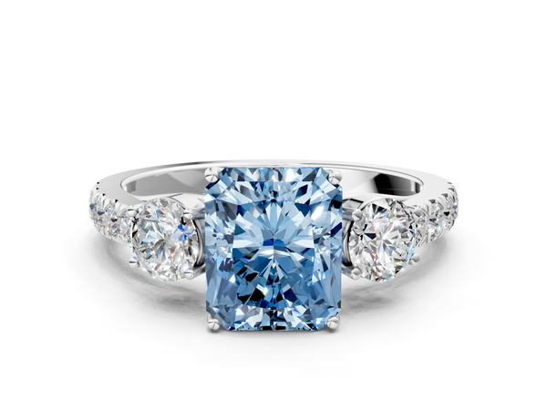 White gold Fancy Blue Radiant  Cut Diamond Three-Stone Ring with Round Side Stones and Pavé Band