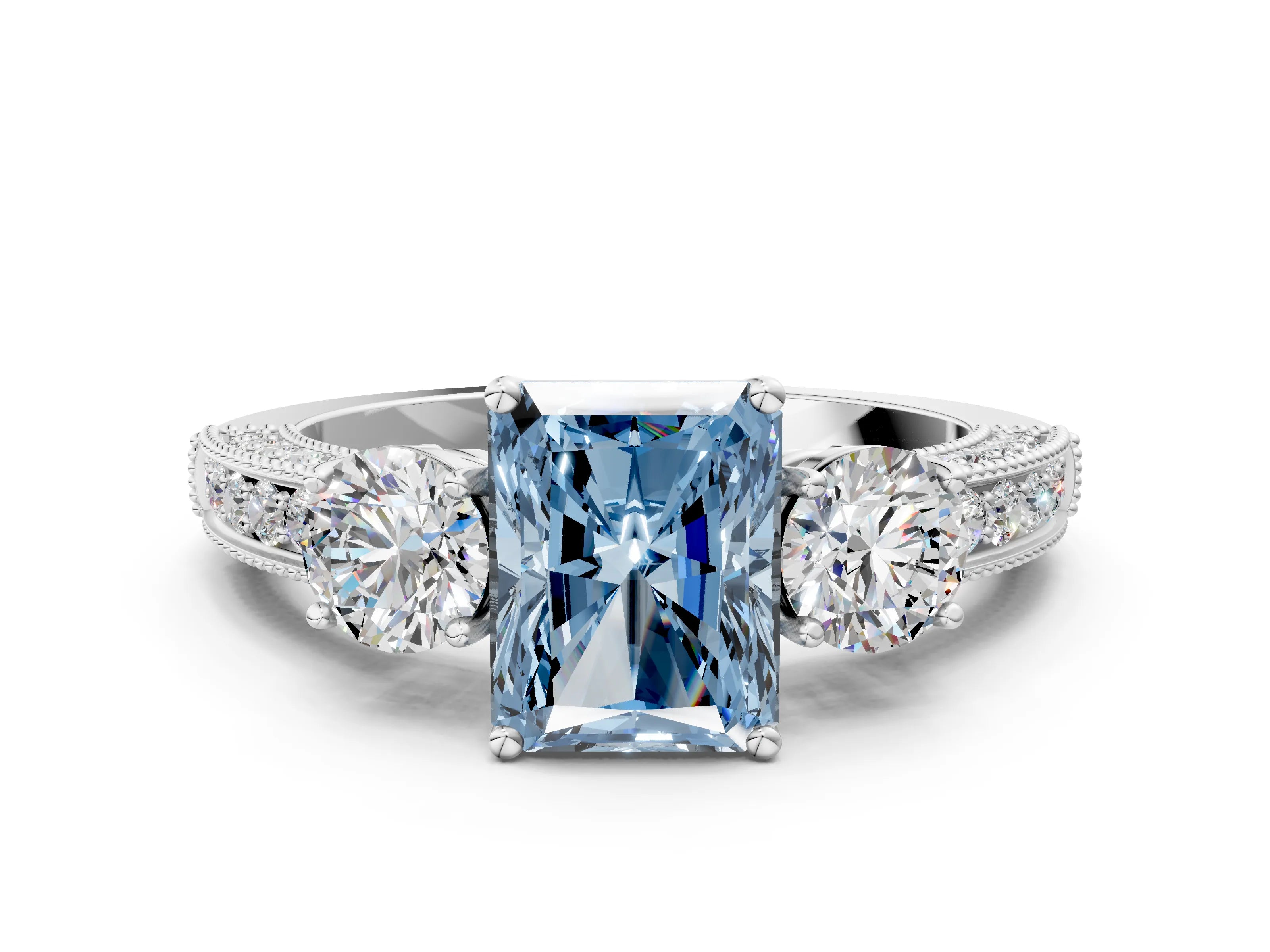 White gold Fancy Blue Radiant Cut Three-Stone Diamond Ring with Pavé Band and Four-Prong Setting_12
