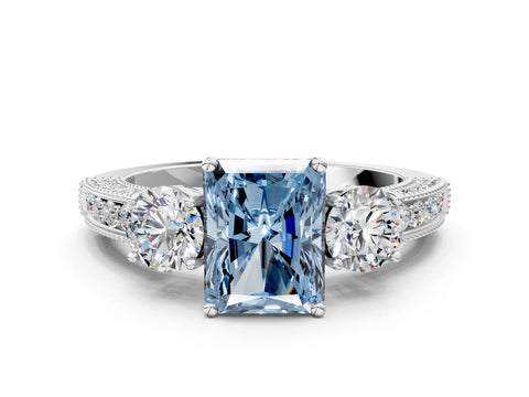 White gold Fancy Blue Radiant Cut Three-Stone Diamond Ring with Pavé Band and Four-Prong Setting_12