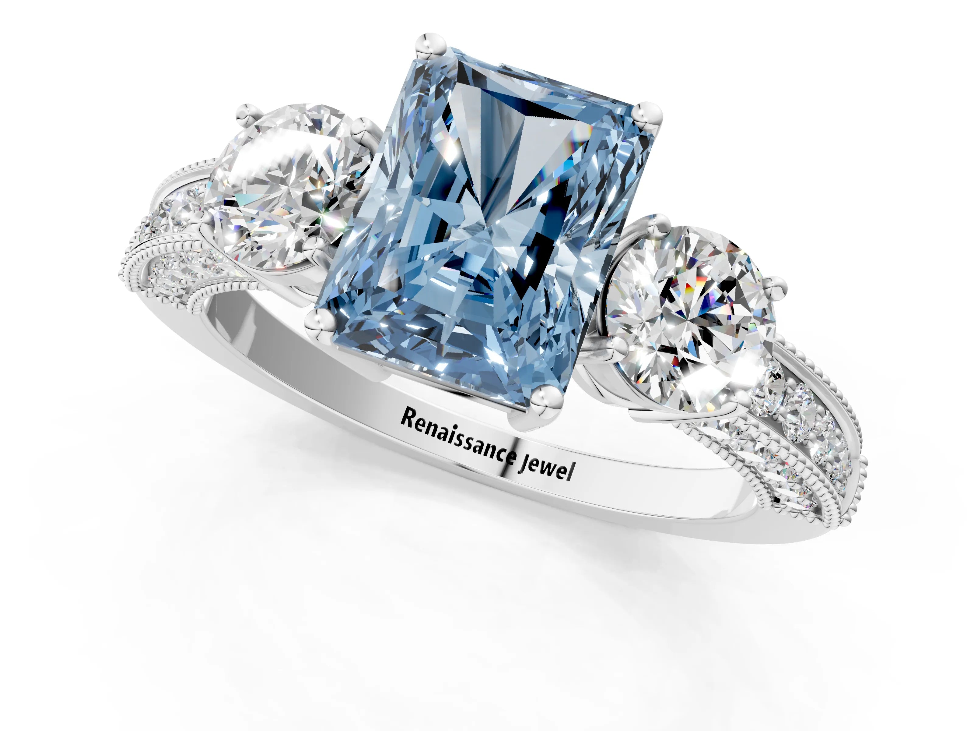 White gold Fancy Blue Radiant Cut Three-Stone Diamond Ring with Pavé Band and Four-Prong Setting_13