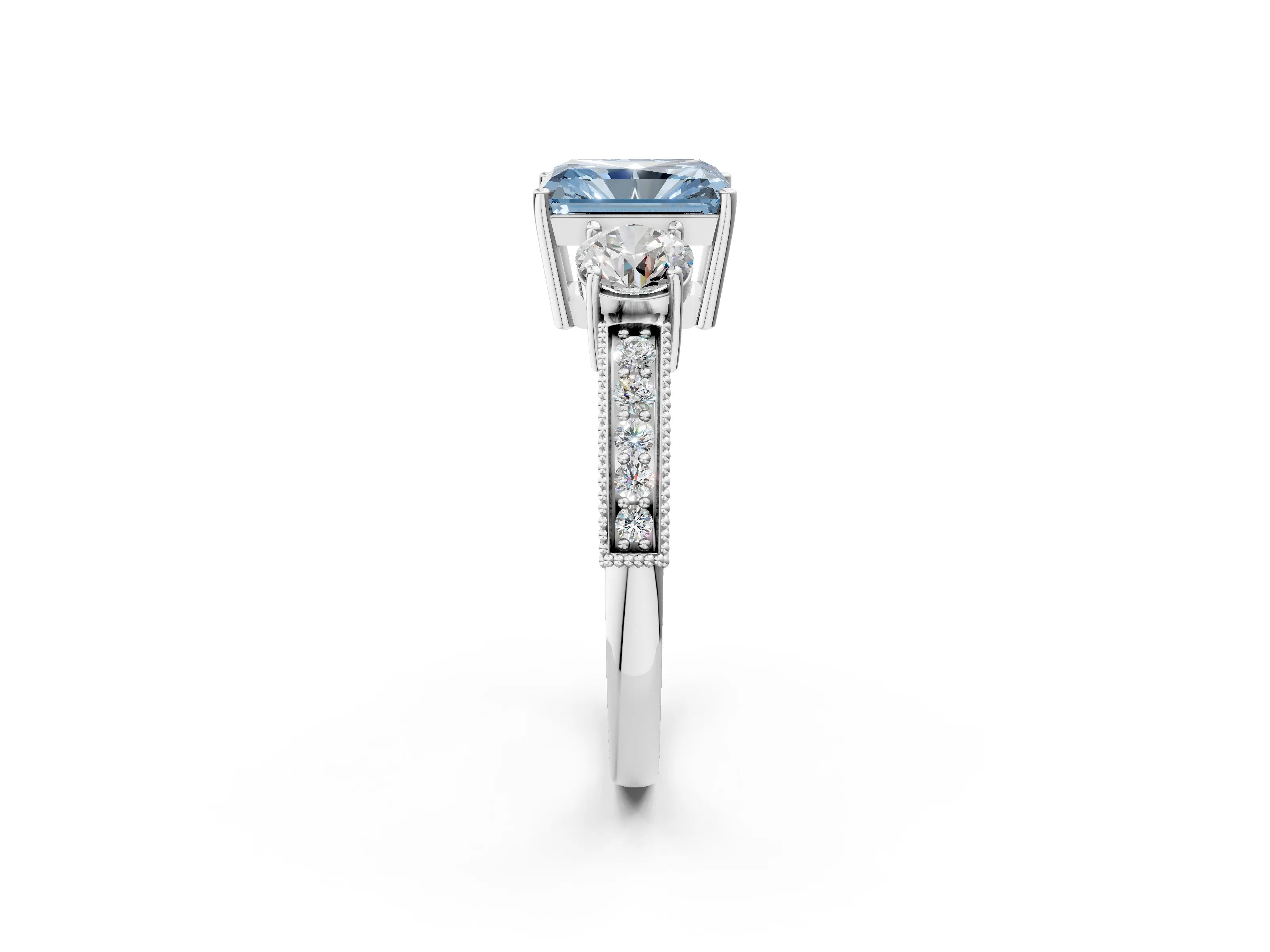 White gold Fancy Blue Radiant Cut Three-Stone Diamond Ring with Pavé Band and Four-Prong Setting_14