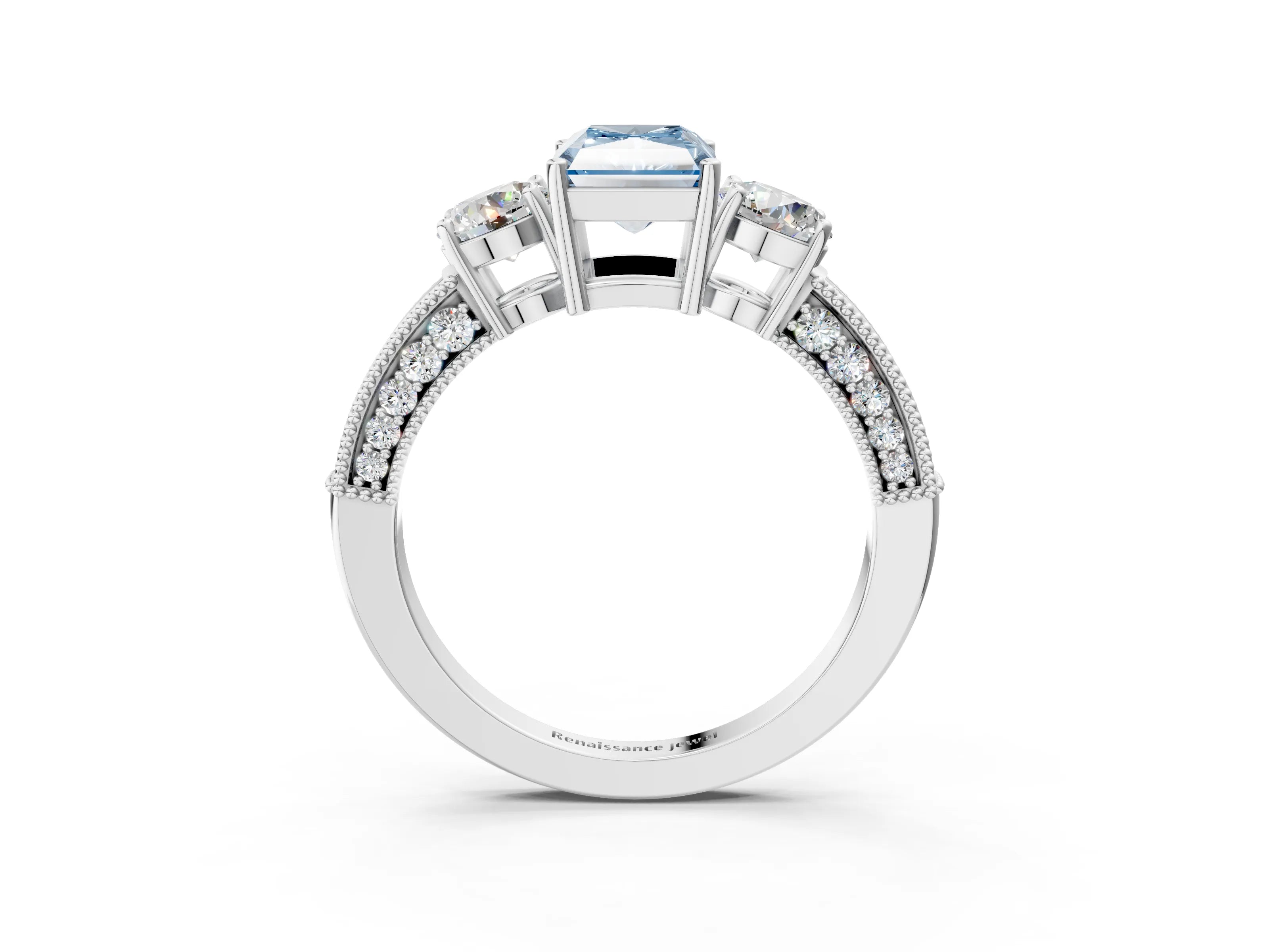 White gold Fancy Blue Radiant Cut Three-Stone Diamond Ring with Pavé Band and Four-Prong Setting_15