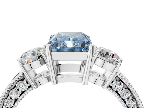 White gold Fancy Blue Radiant Cut Three-Stone Diamond Ring with Pavé Band and Four-Prong Setting_16