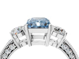 White gold Fancy Blue Radiant Cut Three-Stone Diamond Ring with Pavé Band and Four-Prong Setting_16