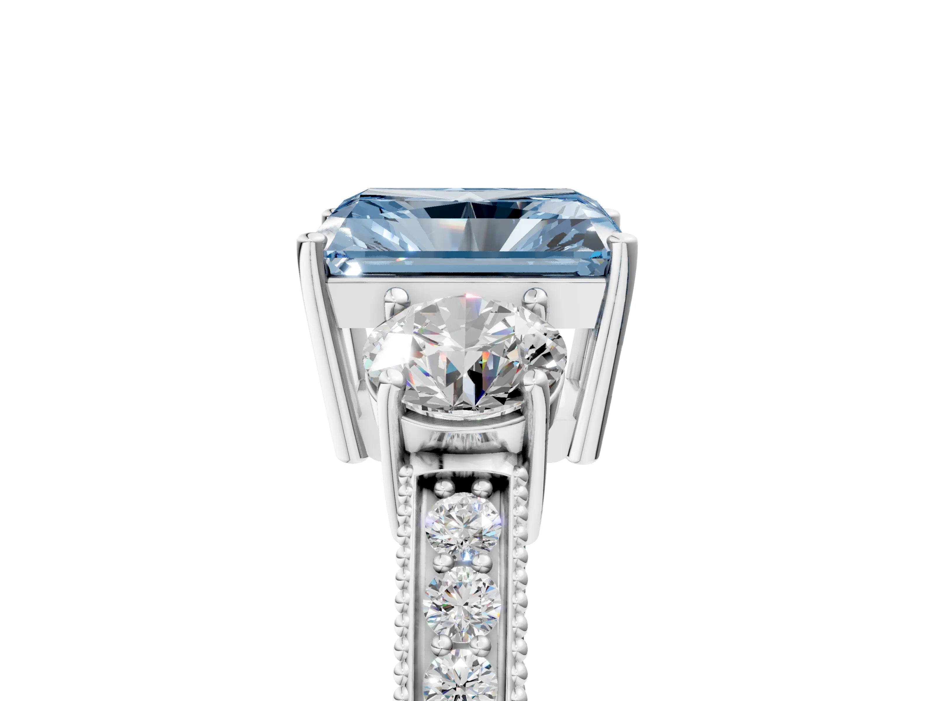White gold Fancy Blue Radiant Cut Three-Stone Diamond Ring with Pavé Band and Four-Prong Setting_17