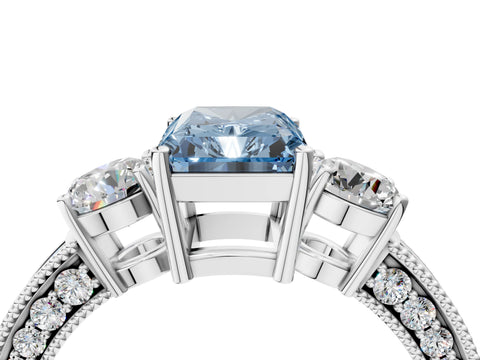 White gold Fancy Blue Radiant Cut Three-Stone Diamond Ring with Pavé Band and Four-Prong Setting_4